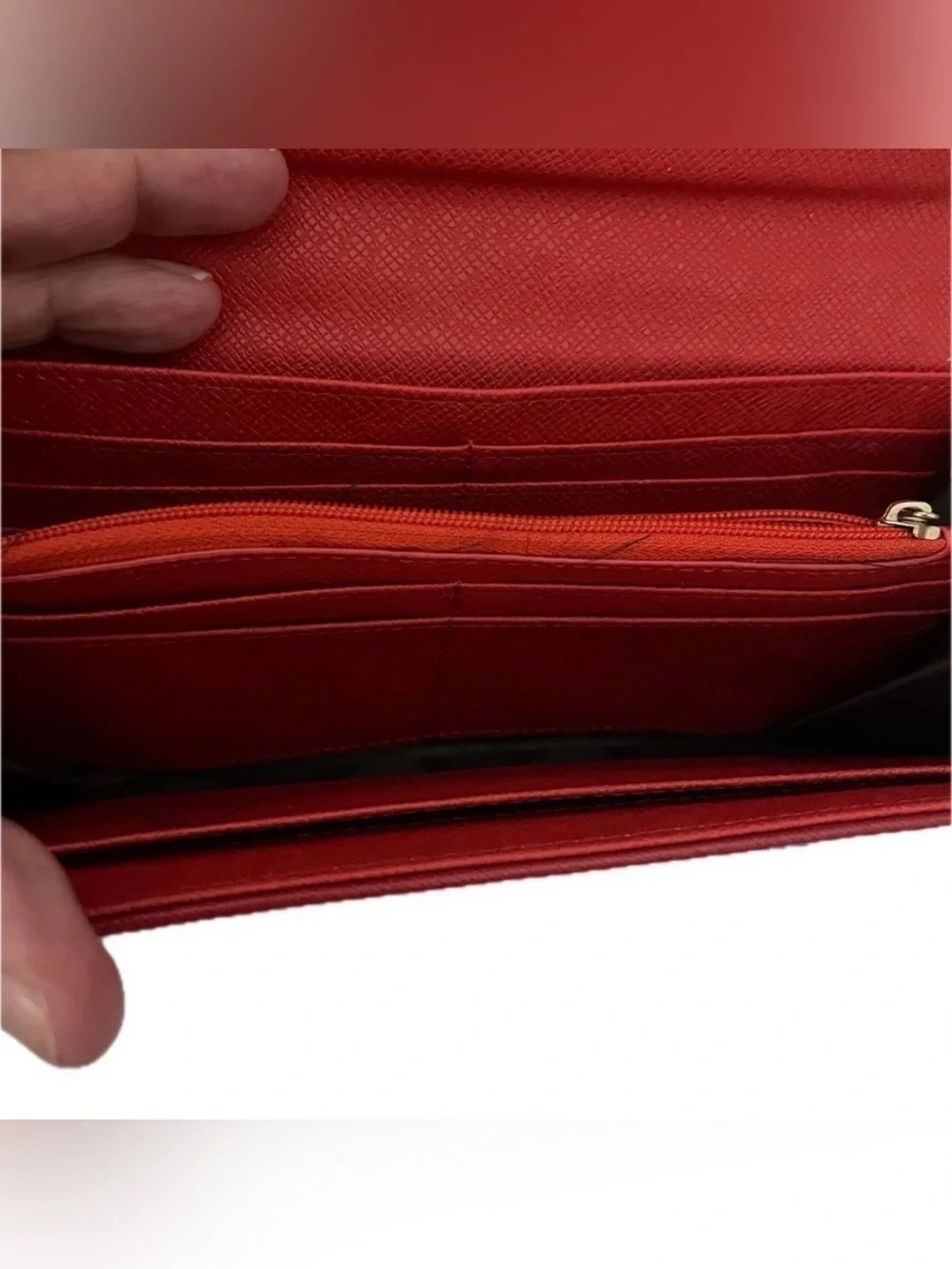 Red Saffiano Vegan Leather Style Continental Wallet Gold Medallion Snap Closure